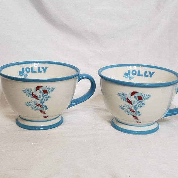 2007 Starbucks Holiday Mugs Jolly Candy Cane Blue Trim Pedestal Base Set of 2